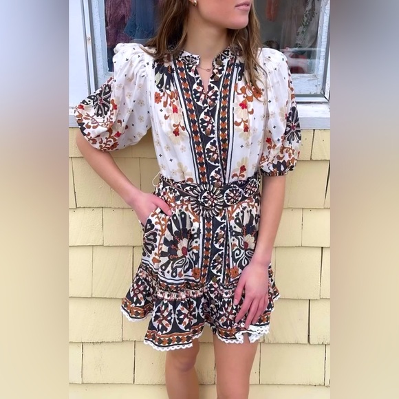 knee length dresses for ladies Flower Fan Tapestry Off-White Mini Dress – FARM Rio main image 1